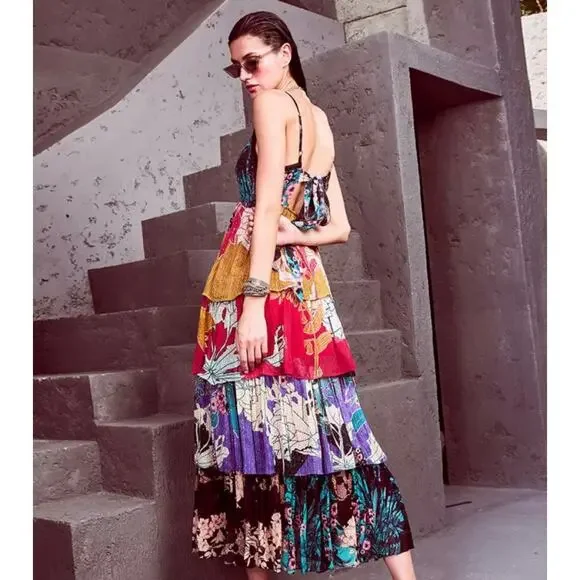 Anthropologie Bhanuni by Jyoti Tiered Layer Maxi Dress Mixed Print Embellish 10 - Picture 3 of 12